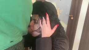 downjacket stair tease – red lingerie, blowjob & cum on coat