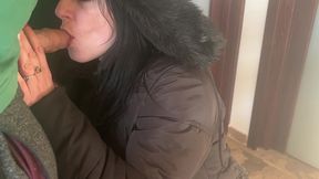 downjacket stair tease – red lingerie, blowjob & cum on coat