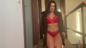 downjacket stair tease – red lingerie, blowjob & cum on coat