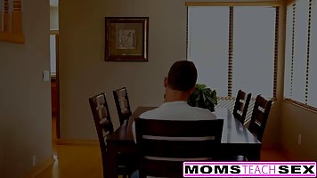 Tanned milf with black hair is about to have casual sex with her step- son