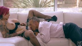 Wild bustiness with tattooes makes out with her strapped partner