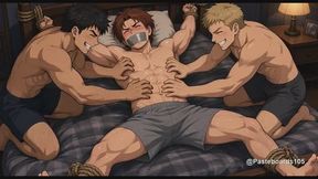 Duct-Taped And Roped To The Bed - Bare Hands All Over His Ribs Until He Laughs Through The Tape (Anime Bara)