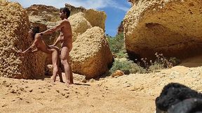 Skinny Latin bitch brought her husband to a wild beach fucking public lust.