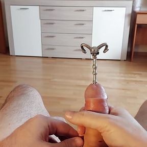 Urethral cock sounding play and cumshot through hollow sounding plug