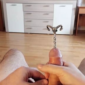 Urethral cock sounding play and cumshot through hollow sounding plug