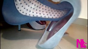 Sensual Shoeplay in Grey Patent Pumps and Blue Charmant Pantyhose
