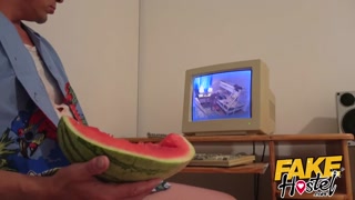 Fake Hostel Pretty and pert free loving hippie teen fucked in her room