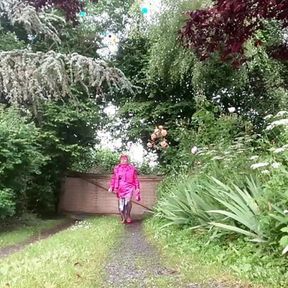 In fuchsia flight attendant outfit for an evening