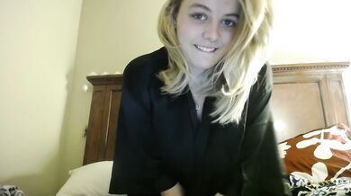 Thick 34DD blonde strips in satin robe her big boobs bounce wide open