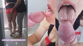married wife in red lycra shorts blows hubby s friend in laundry - spit and swallow