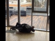 wetsuited silicone masked guy cums on his dummy at patio windows