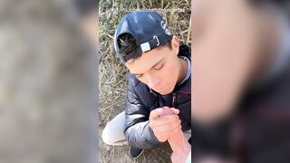 Latino Teen Gives Handjob in Public Cumshot