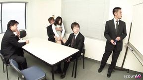Japan Secretary Teen Arisa Gives Her Three Bosses Blowjob in the Office Uncensored