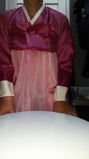 Crossdresser Cum Wearing Hanbok Korean Traditional Dress