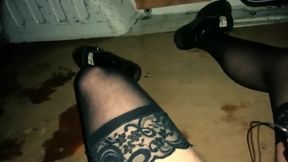 Crossdressed e-stim mauling huge cock pulsing rivers of cum