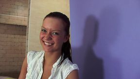 Cheerful Amelia gives a blowjob while doing the splits, then gives her teen ass to be fucked