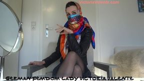 Satin scarf mask, headscarf and leather jacket