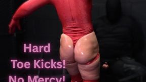 Red Bodysuit Ballbusting Devastation in Platform Boots: Toe Kicks, Knees & Toys