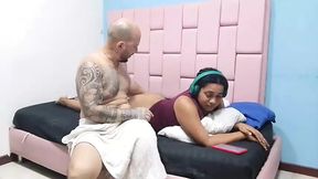 While my roommate is listening to music I sit next to her to admire her huge ass