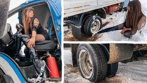 68 Russian Girl Stuck - Maria got stuck in the snow on a Truck in a dress and high heels