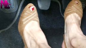 Revving and arching my bare feet in light brown suede peeptoes