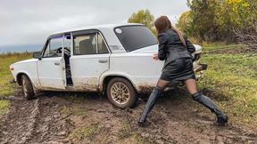 CAR STUCK  Alena gets stuck and slips in the mud in high heeled boots
