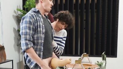 Three slender twinks with big dicks spitroasting in a threesome