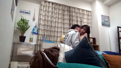 Slender Japanese amateur rides her lover in cowgirl position with soft moans