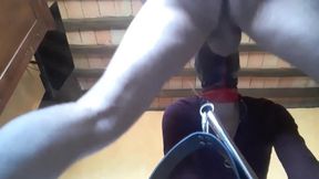 tied, blinfolded and ball gagged then has to suck a big cock, rough deepthroat