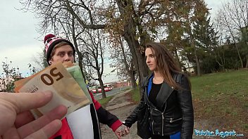 Brunette gets fucked by stranger in public while BF watches