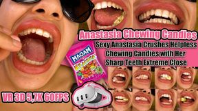 5,7K VR 60FPS | Sexy Anastasia Crushes Helpless Chewing Candies with Her Sharp Teeth – Extreme Close-Up to Her Dangerous Mouth, Razor-Sharp Incisors, Fangs & Powerful Molars in Action | Mouth Fetish, Teeth Fetish, Chewing Fetish, Vore Fantasy, Crushi