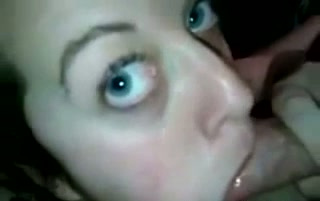 Dirty chick with blue eyes gives head and swallows