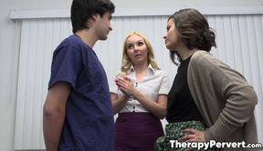 Stepsiblings join MILF therapist for a busty threesome