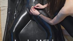 Slave in vacuum bed, chastity cage with PA adapter