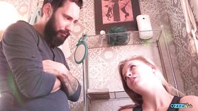 Babe at the party services a cock with her mouth and pussy