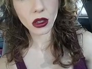 Driving with tits out- closeup smoking public big blue eyes red lip Roxy