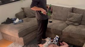 taping a shoe to a fags head, humiliate, dominate, stomp, and ball busting serve me!