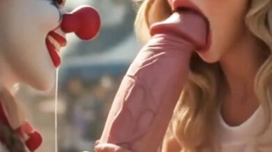 AI Futanari clowns blonde lesbian with monstrous cock outdoors