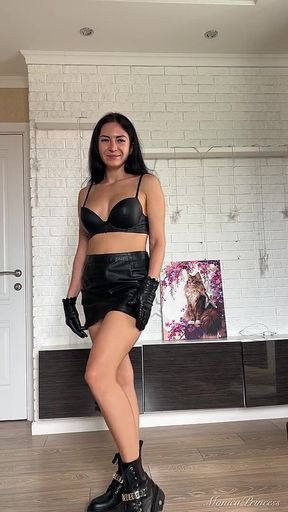 Leather Goddess Makes Her Plug Slut Cum & Lick - CEI