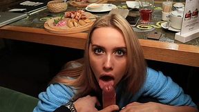 Pretty Blonde sucks in the restaurant - Amateur Public Porn