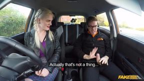 Fake Driving School - She spots his stiffie out, ends with cum on her muff