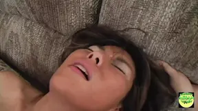 Petite brunette teases clit with dildo while taking huge cock