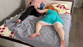 a stepmom with big tits and a big ass jerked off her stepson'_s cock and gave a blowjob and for this he fucked her in anal and finished with cum on her ass