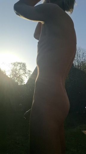 Skinny boy enjoying the morning sun and running the piss