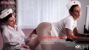 Two hot nurses fuck with strap-ons and lick feet