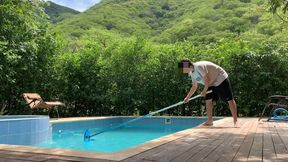 The guy who cleans the pool gets very hot when he sees his bosses tanning in the pool and they end u