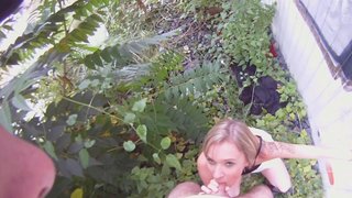 Hot blonde girl is having oral and vaginal sex outdoors
