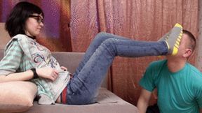 Foot fetish games by nice 18 yo girl and her mature slave, vf0704h 720p