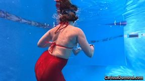 Carissa in the shiny red stockings and cherry bikini top dancing underwater part two with nudity