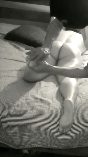 Sensual massage turns teasing, cuckold waits impatiently outside the room
